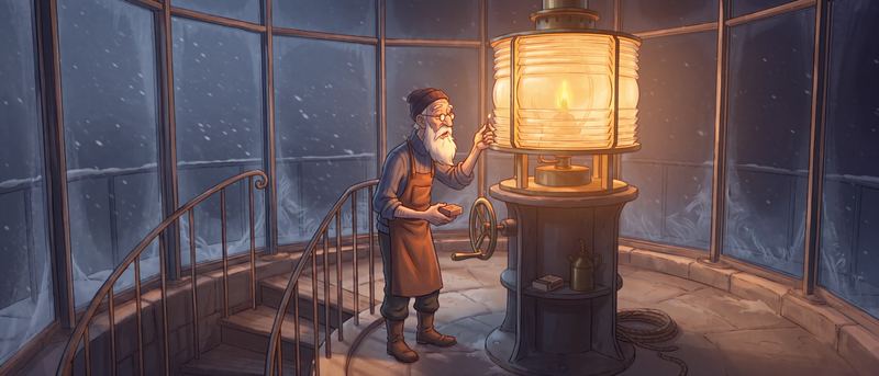 Eilif allume la grande lampe du phare.