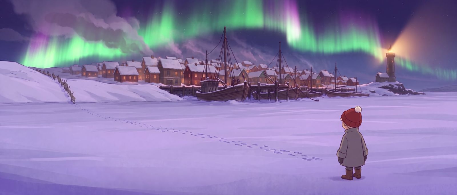 Le village de Solvik sous une aurore boréale ; Nils, de dos, dans la neige.