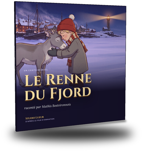 Le livre Le Renne du Fjord : Nils et le faon front contre front sur le fjord gelé, le phare au loin.